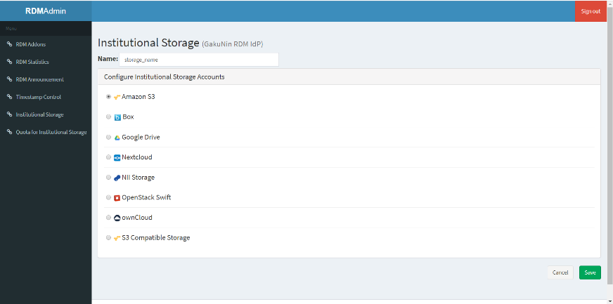Selecting Amazon S3 as institutional storage