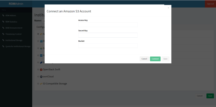 Selecting Amazon S3 as institutional storage